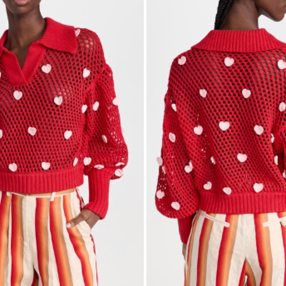 FARM Rio Red Crochet Heart Sweater
